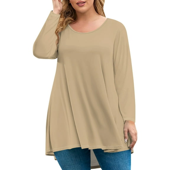 JULMCOMO 2024 Khaki Plus Size Shirts for Women Dressy Long Sleeve Crew Neck Shirts Business Casual Basic color Pullover Loose Oversized Tee Shirts Khaki 2XL