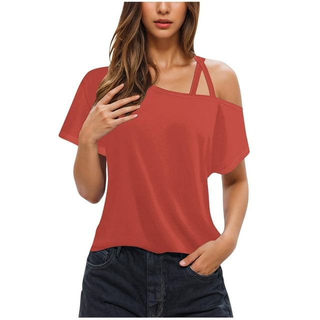 Wlynlyn Going out Tops for Women 1 Cold Shoulder Solid Color Short Sleeve Shirts Loose Fitted Tunic Shirts L