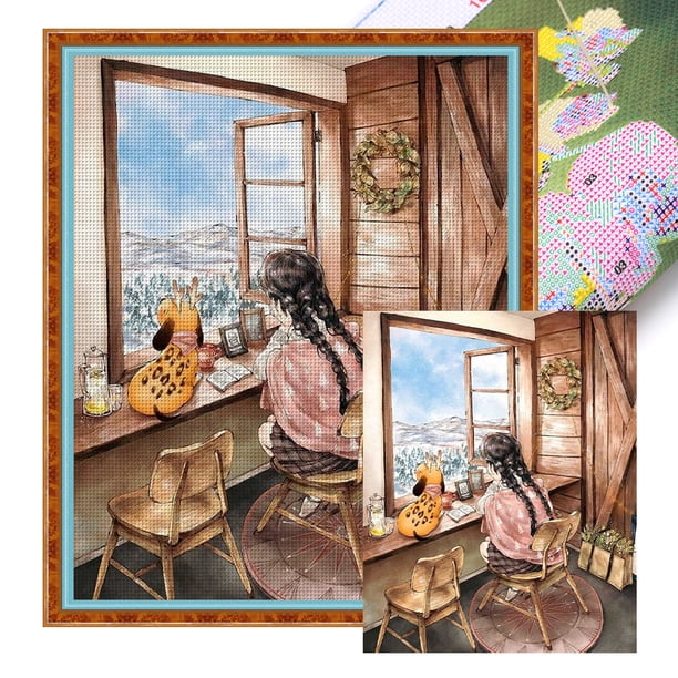 Hilo de bordar de algodón ecológico completo, punto de cruz con estampado de chica del bosque, 11CT, 50x60cm