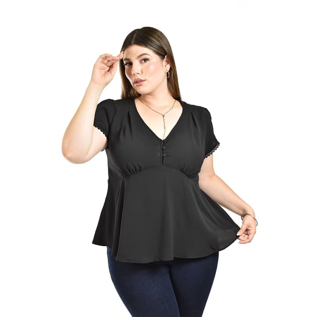 Blusa manga con detalle Roman Fashion /Tallas Extras, 12351 (Negro) negro 42