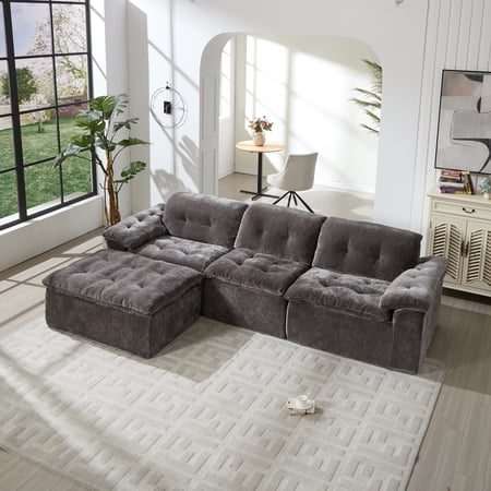 Aukfa 4-Piece L-Shaped Modular Sectional Sofa with Ottoman for Living Room Ice Flower Chenille Gray