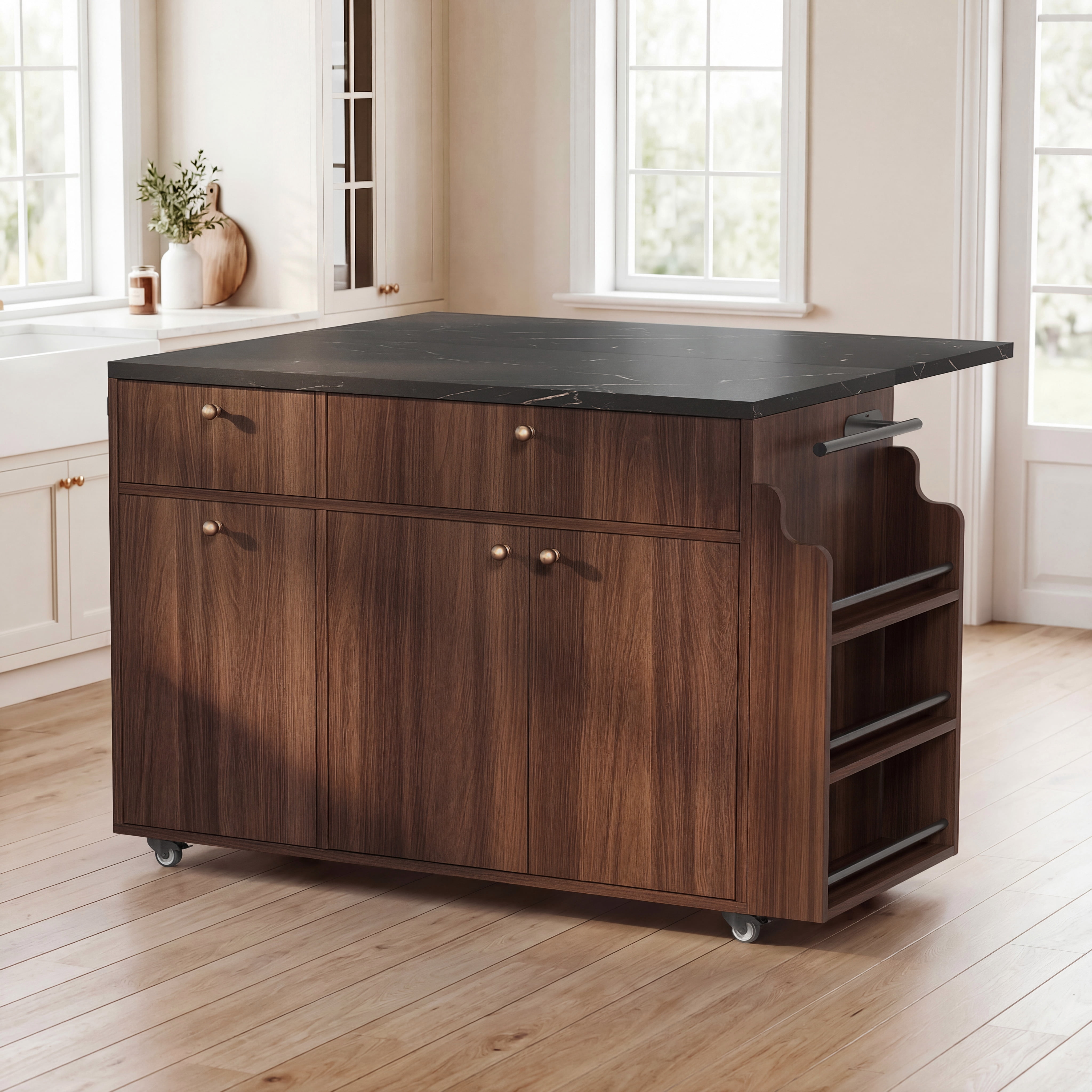 Mintazer Kitchen Island with Storage Rolling Kitchen Island Cart with Drop Leaf Extension, Drawers, Spice Rack, Towel Bar, Mobile Kitchen Cart for Kitchen & Dining Room, Walnut