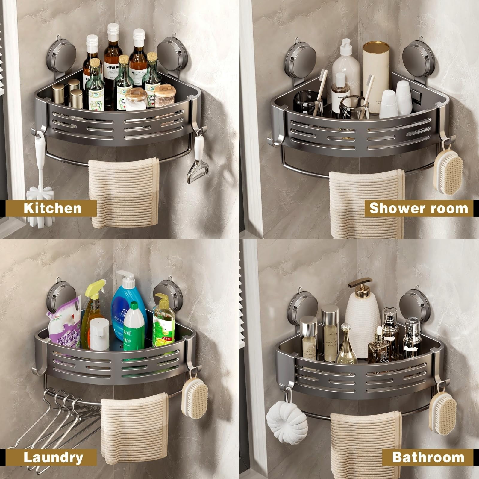 No-Drill Bathroom Corner Shelf Suction Cup Shower Organizer with Towel Bar and Hooks, Durable Corner Shower Shelves Suction Cup for Shampoo Storage in Bathroom Shower