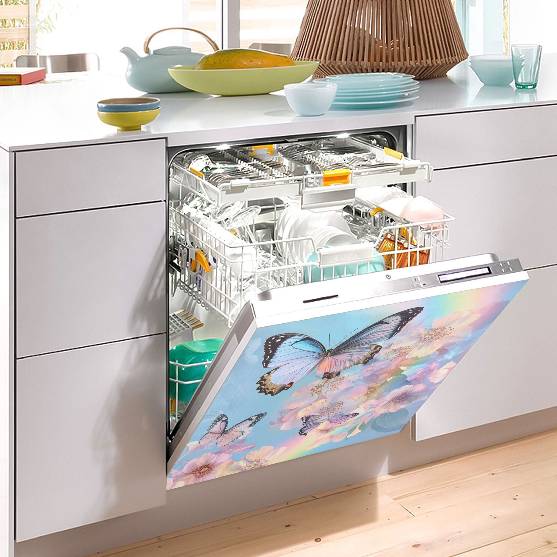 Dishwasher Magnetic Sticker 23x26 Inch Refrigerator Magnetic Sticker Washing Machine Magnetic Sticker Kitchen Panel Magnetic Sticker Home Decor Light Blue Flower Butterfly
