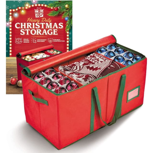 Holiday Cheer Premium Rangement pour Ornements de Noël - Conteneur de Rangement de Noël Parfait pour les Décorations et Ornements de Vacances - Convient à 128 Ornements de Vacances - Tissu Résistant aux Déchirures (Rouge)