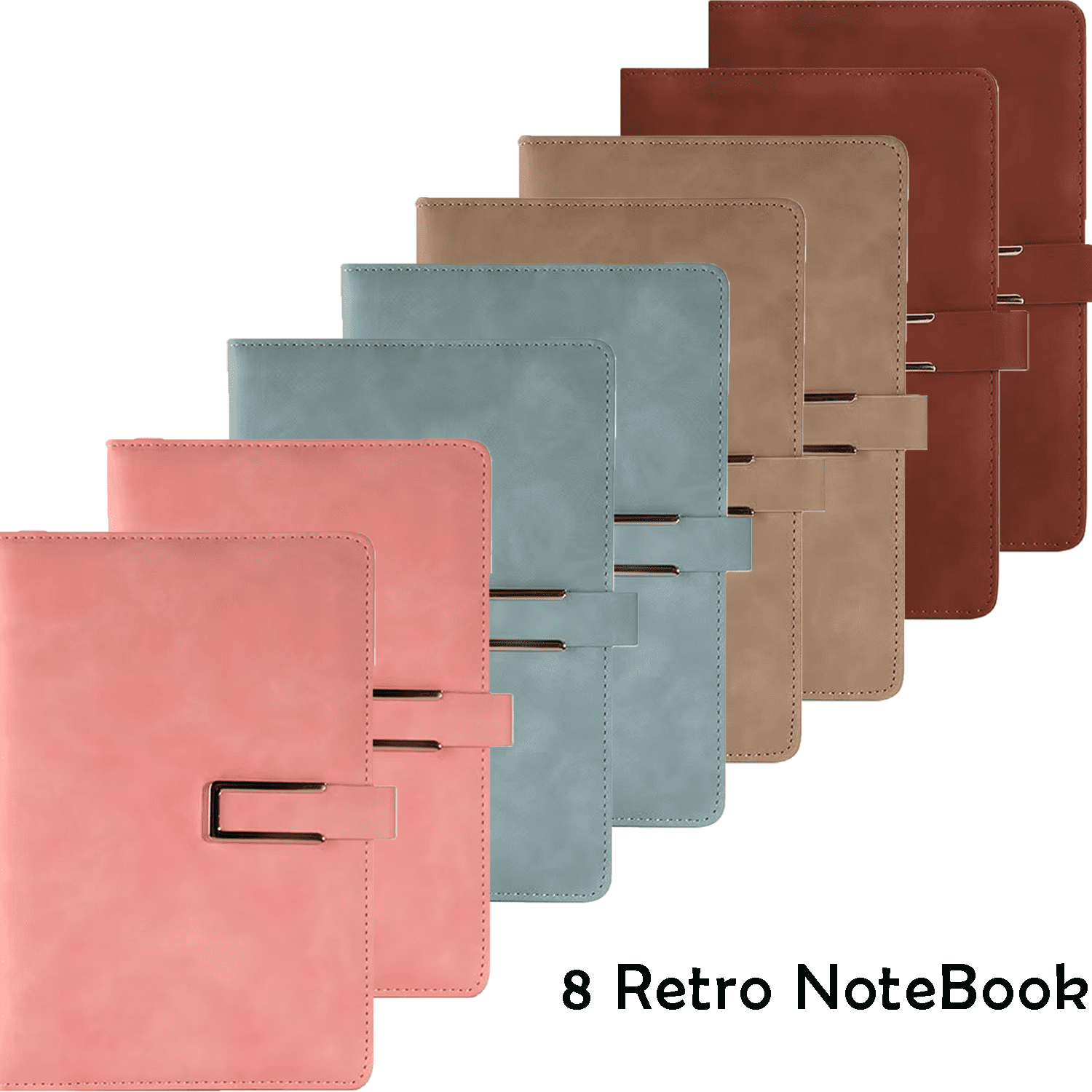 8-PACK A5 Faux Leather Journal Notebooks, Professional Lined Diary with Metal U-Clasp & Pen Loop, 80GSM 100 Sheets 1CM Ruled Office Writing Pad for Business, 4 Colors