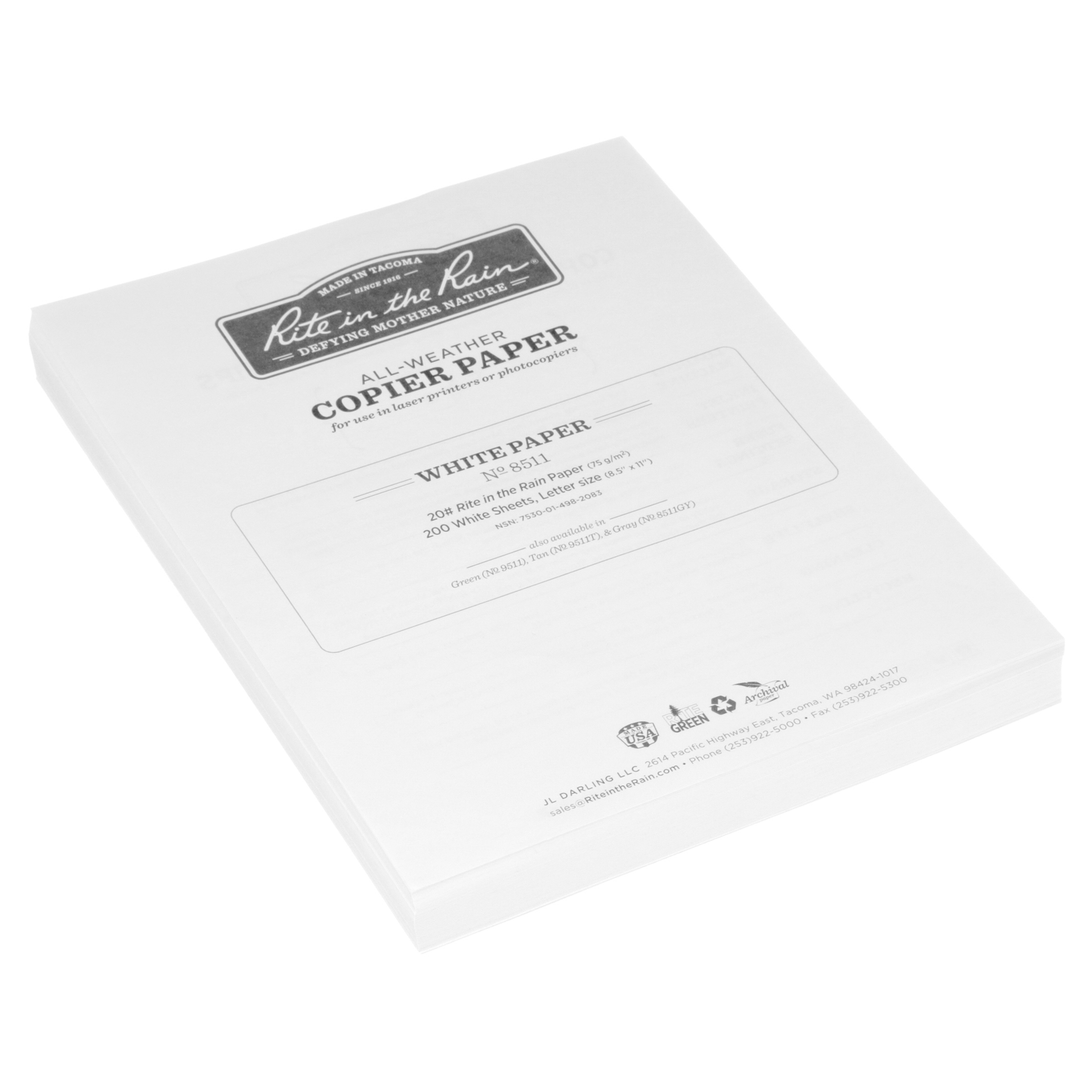 Rite in the Rain Weatherproof Copier Paper, 8.5" x 11", 20# White, 200 Sheet Pack (No. 8511)