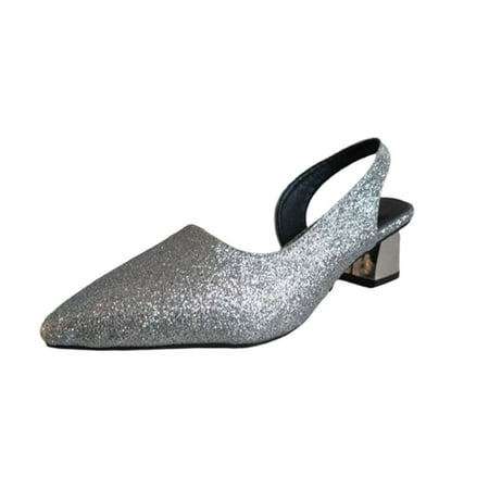 

TUOBARR Heel Sandals Women s Fashion Pointed Toe Sandals Solid Color Shiny Casual Comfortable Middle-heel Sandals Silver