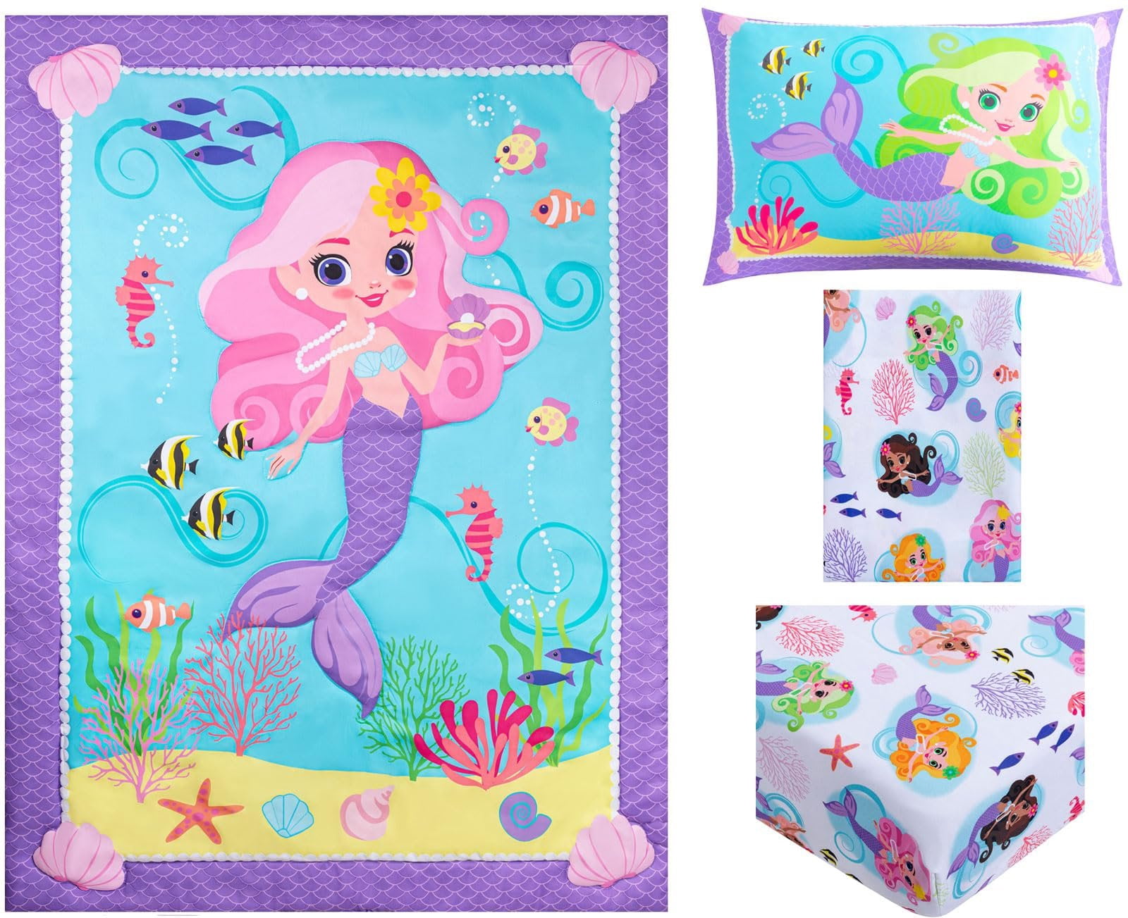 Todays Kids Mermaids Toddler Bedding Set for Girls - 4-Piece Toddler Bed Sheets and Comforter Set, Reversible Comforter & Pillowcase, Flat Sheet, Fitted Sheet, Breathable & Super Soft Microfiber