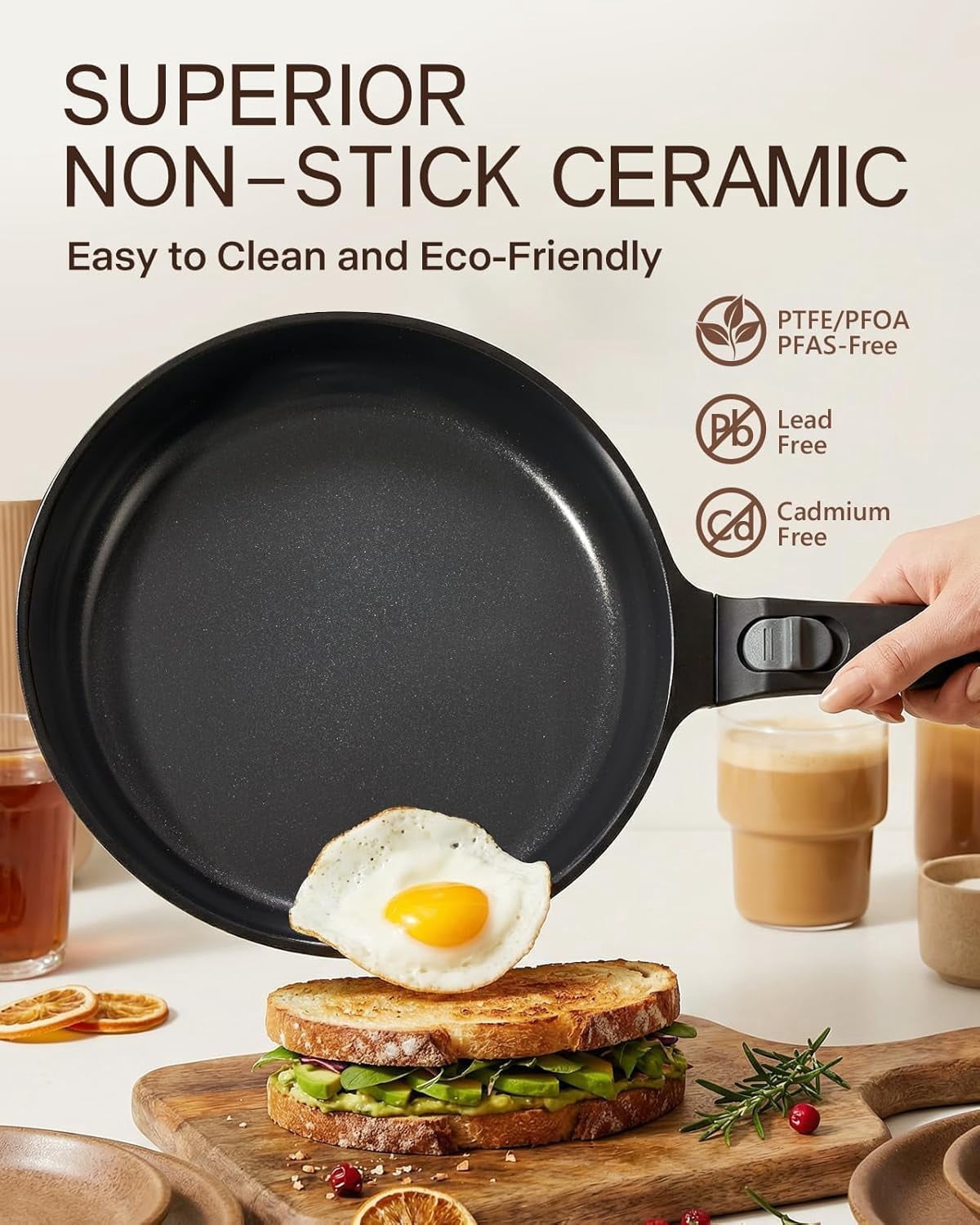 9.5 Inch Nonstick Frying Pan with Detachable Handle, Non Toxic Ceramic Skillet for Cooking