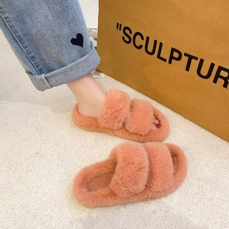 

CoCopeaunt Winter Slippers For Women Faux Fur Slides Female Warm Flat Indoor Shoes Household Slippers Plush Flip Flops Home Sandals