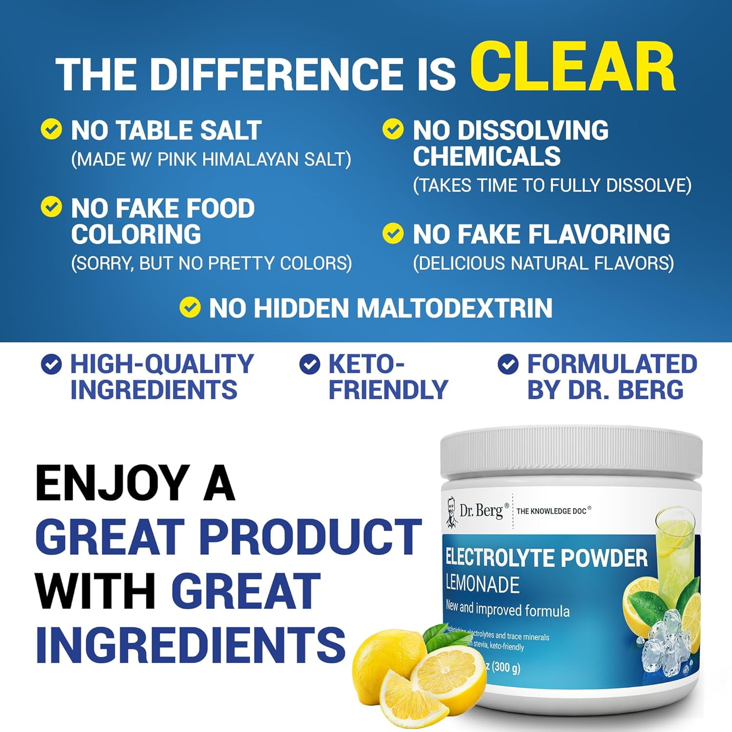 Dr. Berg Electrolyte Powder Lemonade - Hydration Powder, 50 Servings