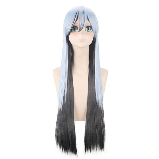 Peluca para cosplay, negra y plateada, larga, recta, 80 cm, sintética H