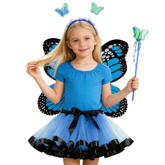 SonxaHe Little Girl Outfits Role Play Short Sleeve Shirt Tutu Skirt Kids Stage Performance Party Outfit Set,4-Piece Blue,Size 4-12 Y