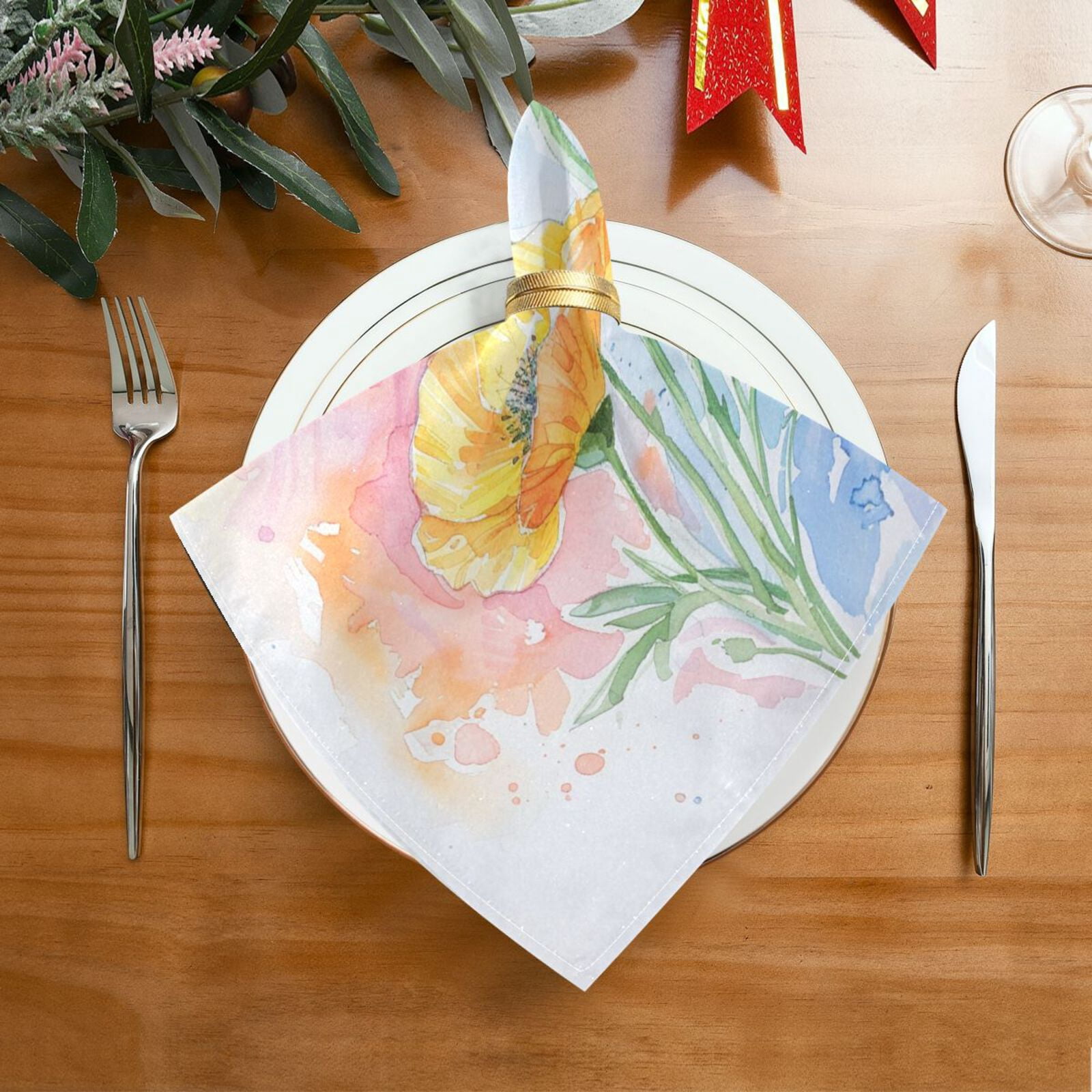 JSTEL Poppy Flowers Watercolor Cloth Napkins Set of 6, 20x20 Inch Washable and Reusable Napkin for Decoupage Dinner Party Everyday Use