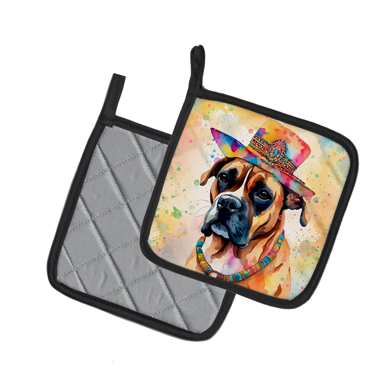 Boxer Hippie Dawg Pair of Pot Holders 7.5 in x 7.5 in
