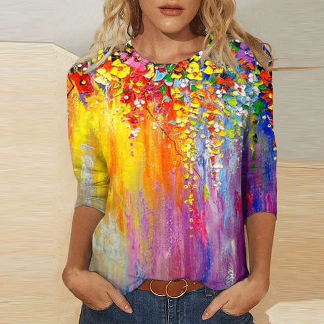 Hauts pour Femmes Mode Féminine T-shirt Imprimé Ample Blouse à Manches 3/4 Col Rond Hauts Décontractés pour Femmes Hauts Décontractés pour Femmes en Liquidation