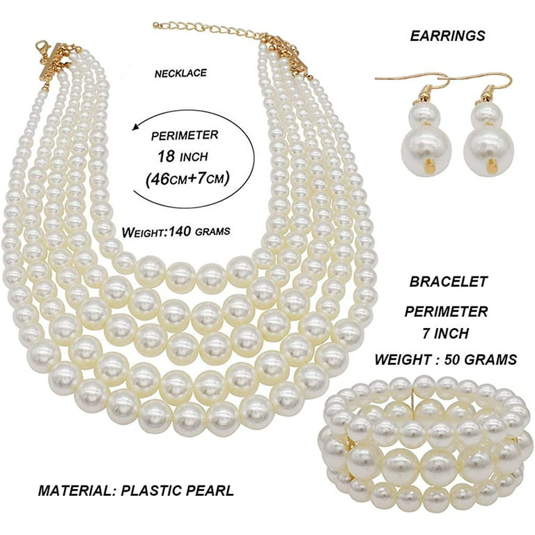 Fashion 21 Women's Simulated Faux Three Multi-Strand Pearl Statement Necklace and Earrings Set