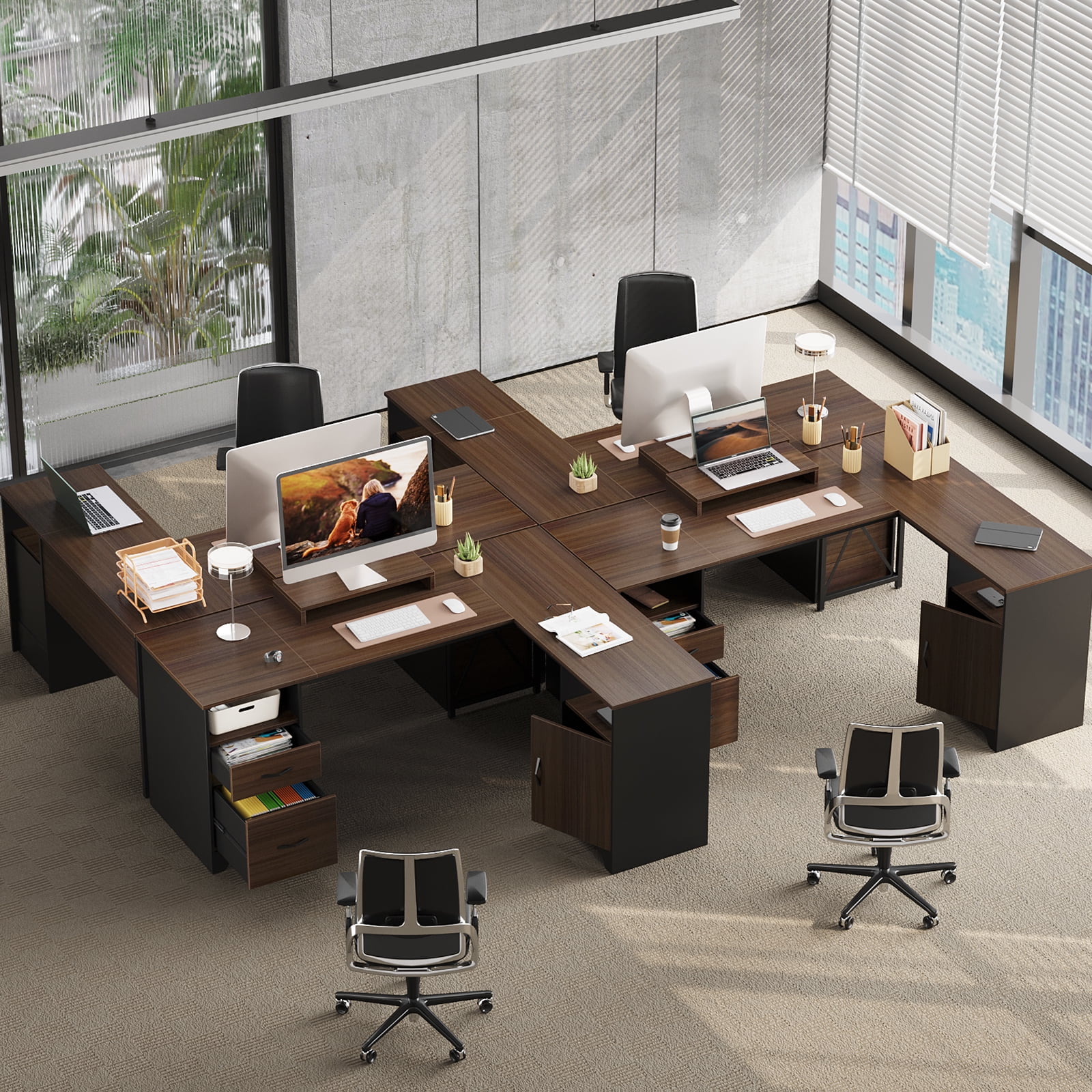Bestier L Shaped Desk with Drawers 63" Executive Office Computer Desk with Monitor Stand, File Drawers for Home Office, Cherry