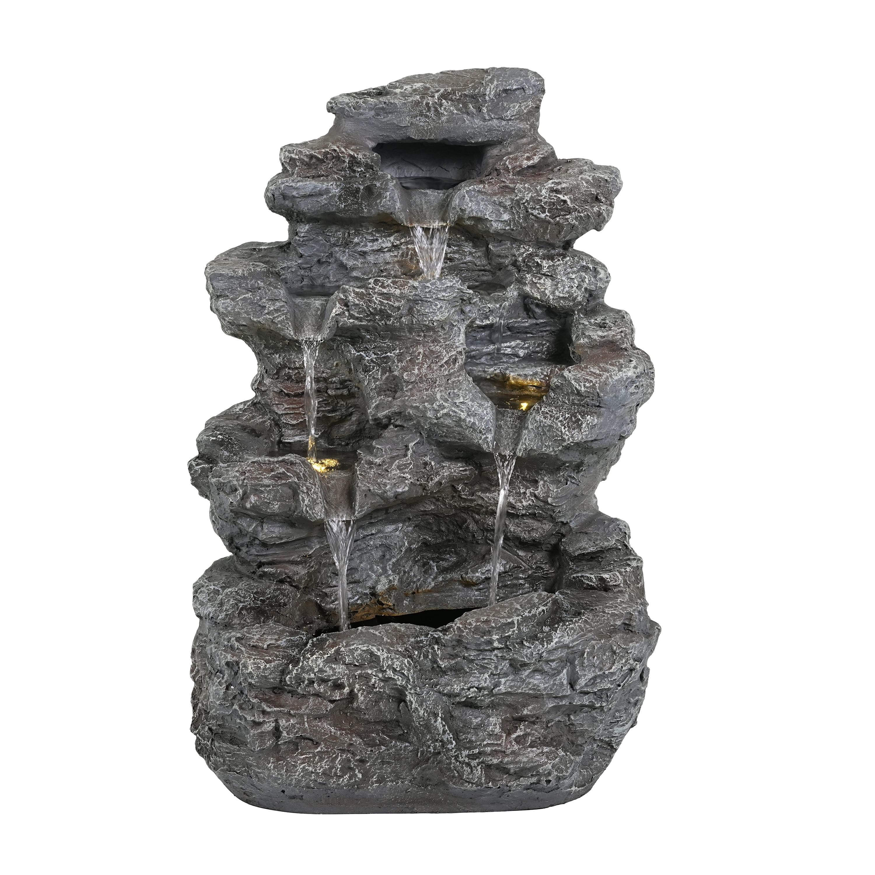 Mintazer 5-Tier Natural Rock Cascading Outdoor Fountain, Weatherproof Faux Rock Concrete Water Feature with Warm LED Lights & Silent Recirculating Pump for Patio Garden Backyard Decor, Gray