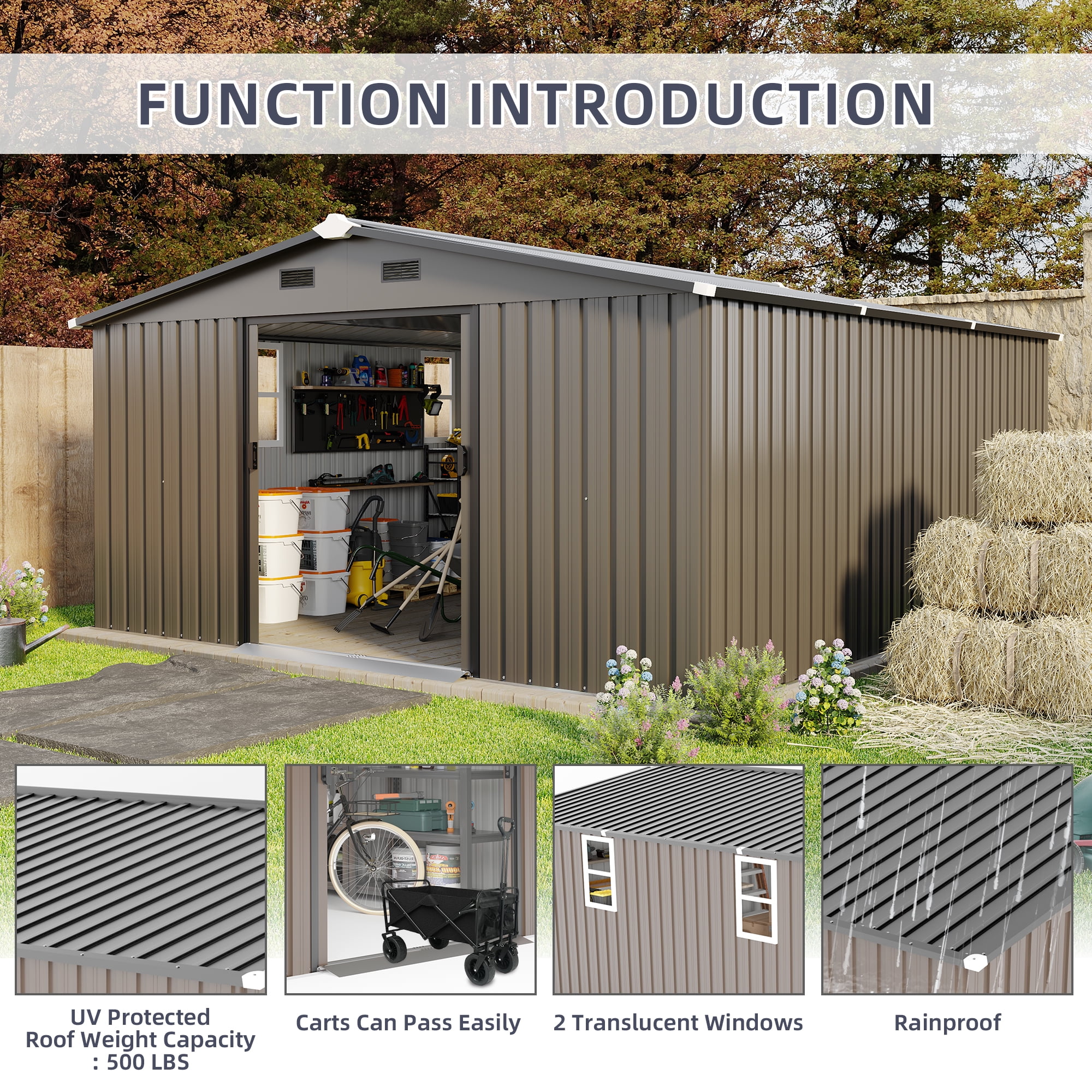 Villeston 10FT x 12FT Outdoor Metal Storage Shed,Tool Shed Storage House with Lockable Door for Garden, Backyard, Patio Brown