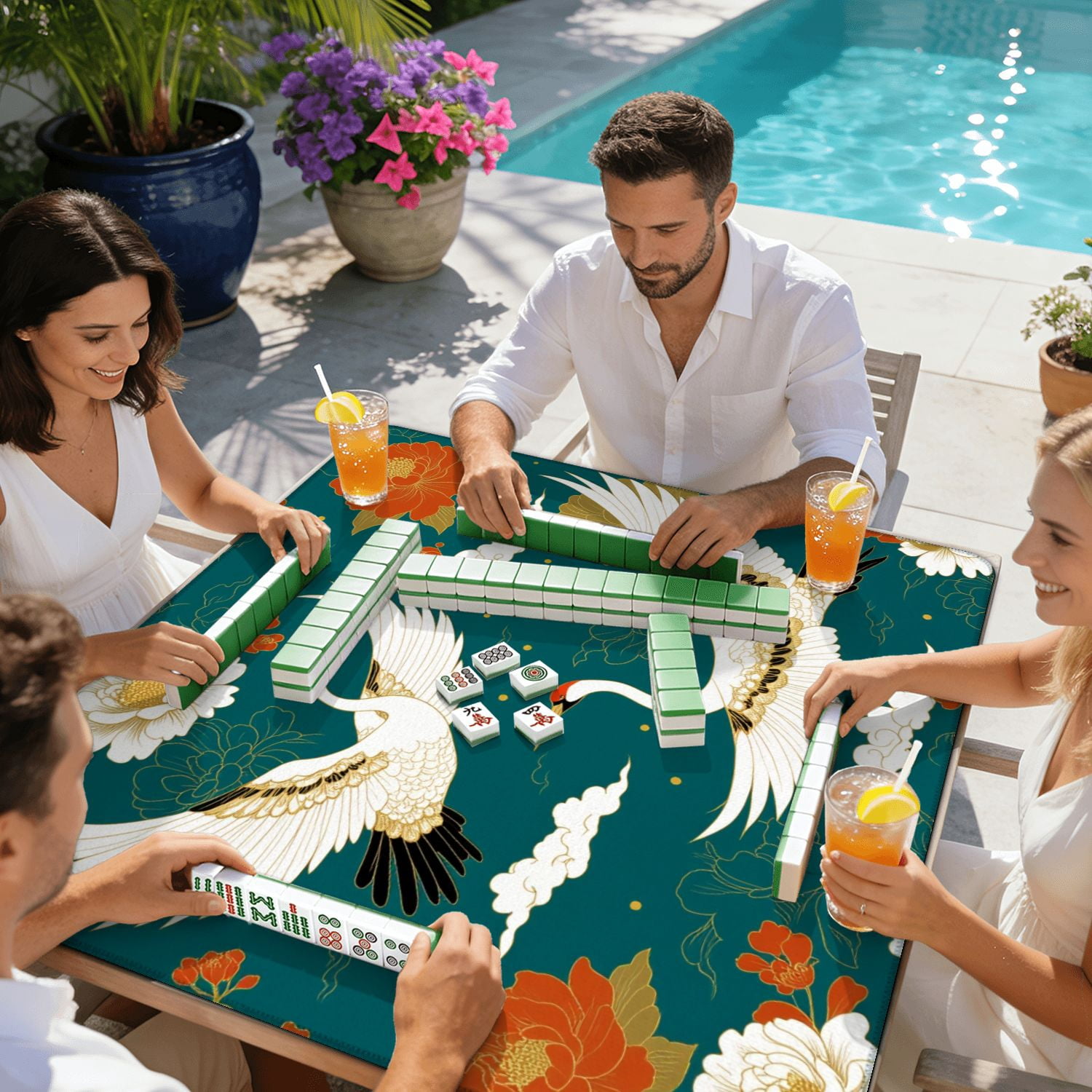 Mahjong Mat 31.5" x 31.5" Elegant Cranes Flight Floral Motif Teal Non-Slip Noise Reduction American Mahjong Tiles Table Cover for Dominoes Poker Card Board Games Gift