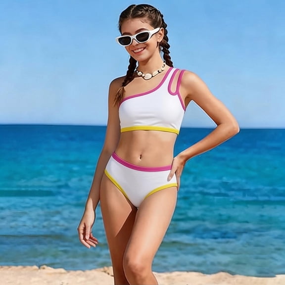 EliteGoogv Bikini Sets For Girls One Shoulder Padded Color Block Two Piece Swimsuit Summer Beach Pool Swimwear White
