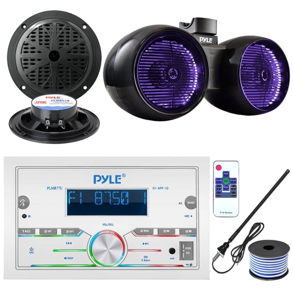 Pyle PLMR77U Double DIN AM/FM Stereo USB/AUX Bluetooth Marine Receiver with 6.5" 400W Wakeboard Black Marine LED Speakers, 2x 5.25'' Full Range Black Stereo Speakers, Radio Antenna, 18 Gauge Wire