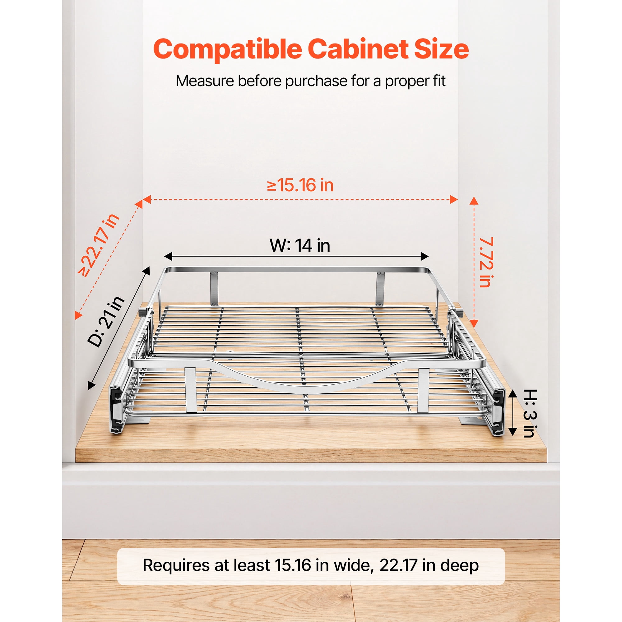KFFKFF Steel Pull-Out Cabinet Organizer 14.06"W x 20.94"D, Slide-Out Drawers for Kitchen, Bathroom, Pantry, and Home Storage, Chrome-Plated Finish, Durable Sliding Shelves for Base Cabinets