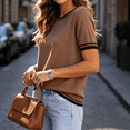 thumbnail image 4 of Women Short Sleeve Sweater Summer Crew Neck Dressy Casual Soft Knit Pullover Tops Trendy,M,#03 Coffee, 4 of 6