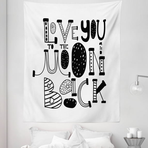 I Love You Tapestry, Modern Graphic Style Love You Moon and Back Romantic Creative Valentines Day, Fabric Wall Hanging Decor for Bedroom Living Room Dorm, 5 Sizes, Black White, by Ambesonne