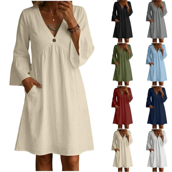 HBBIKVI Bell Sleeve Peasant Dress for Women Boho Off-Shoulder Long Sleeve A-Line Mini Dress with Decorative Button and Side Pockets for Vacation Style