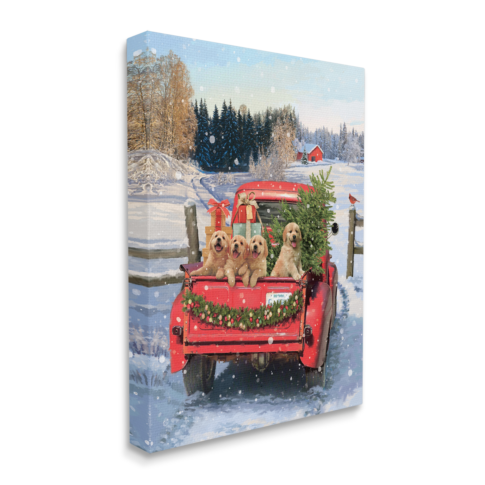 Stupell Industries Puppies in Holiday Truck Holiday Painting Gallery Wrapped Canvas Art Print Wall Art, 16 x 20