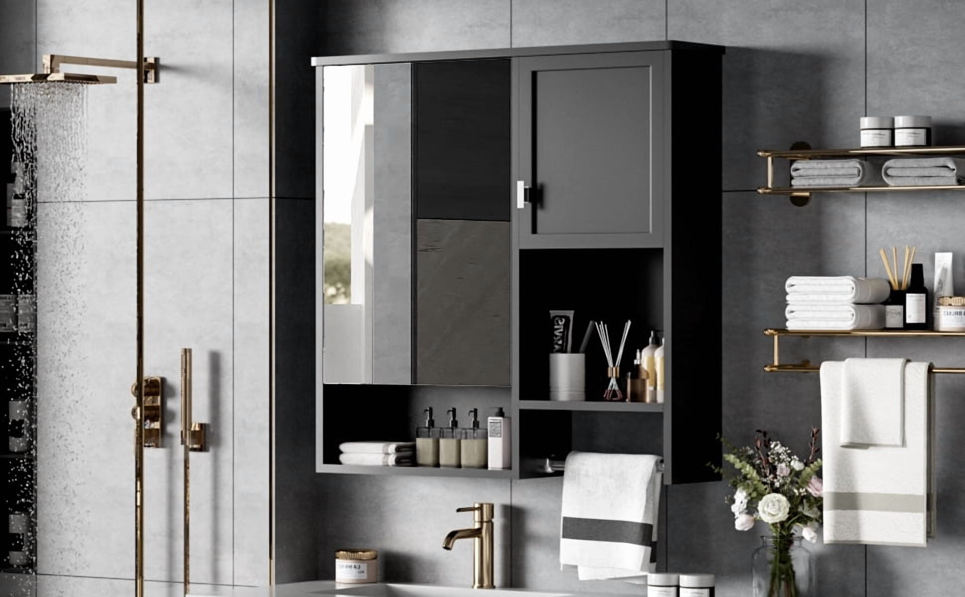 MAYEERTY 29'' x 28'' Modern Wall Mounted Bathroom Medicine Cabinet with Mirror, Over Toilet Space Saver with Towel Bar