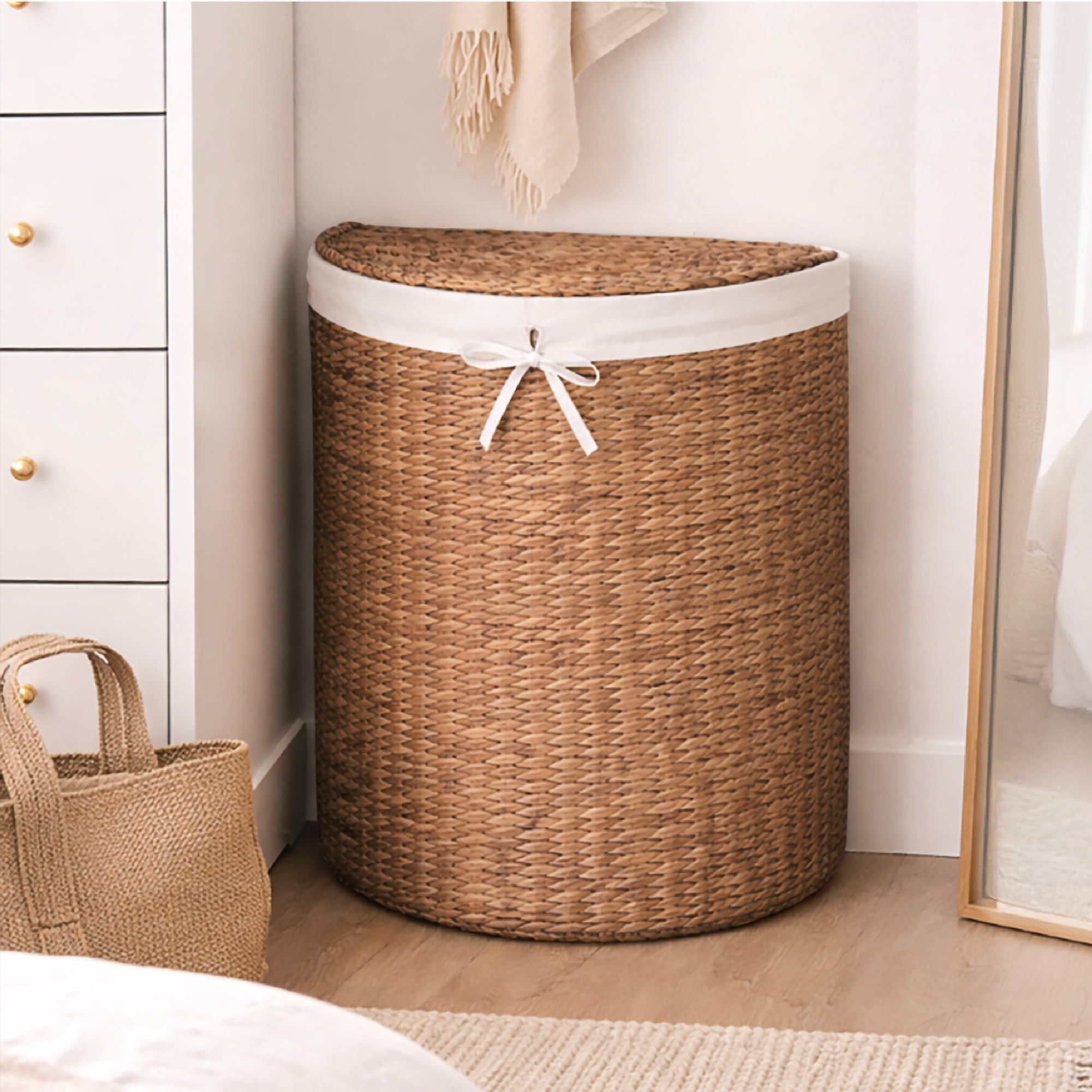 Best Choice Products Half Moon Laundry Hamper w/ Lid, Half Round Laundry Basket, w/ Removable Liner & Handles - Chestnut