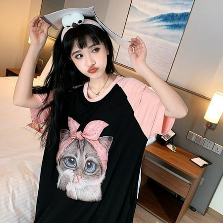 

Night Shirts Womens Nightgowns Cute Cat Round Neck Short Sleeve Printed Sleep Shirts Soft Sleepwear M-XXL