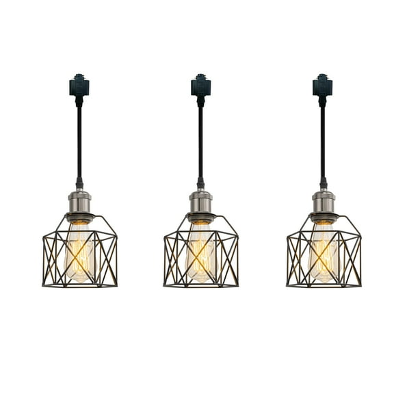 KAYYELAMP Total Length 11.8 Inches H-Type Track Light Vintage Design E26 Pearl Black Base Black Cage Set Three Drop Light for Kitchen Sink Loft Stairways Loft(No Bulb, Track)