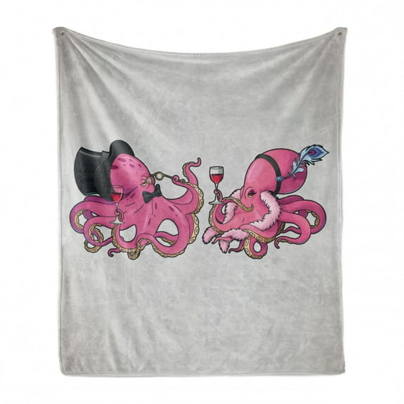 Octopus Soft Flannel Fleece Blanket, Cartoon Art Illustration of Octopuses in Fun Retro Costumes at Party Vintage Style, Cozy Plush for Indoor and Outdoor Use, 60" x 80", Pink Grey, by Ambesonne