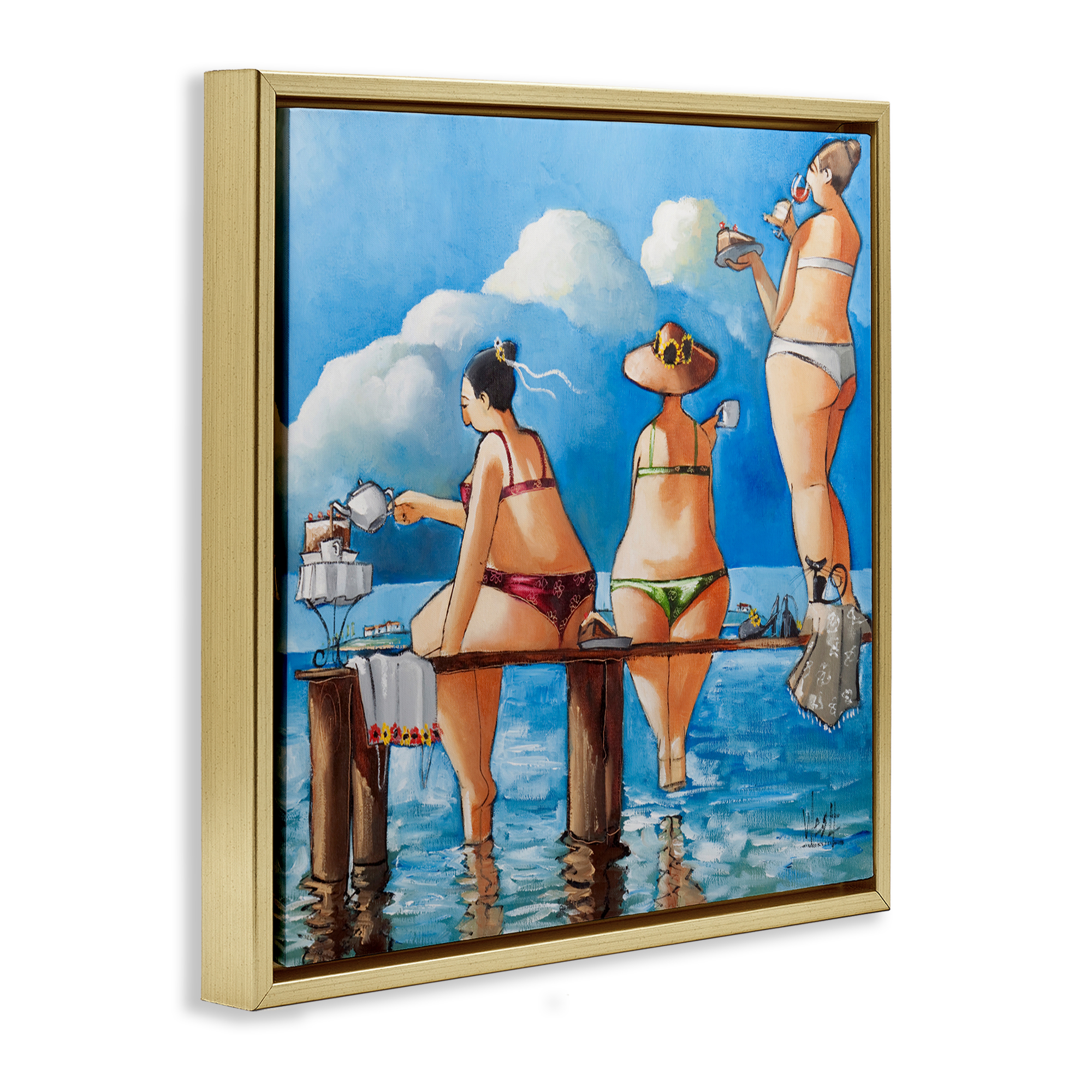 Tea Break On The Jetty Gold Framed Floater Canvas Wall Art, design by Ronald West