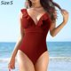 thumbnail image 2 of Traje de baño sexy de una pieza para mujer Monokini con control de barriga y cuello en V con volantes - Rojo, 2 of 6