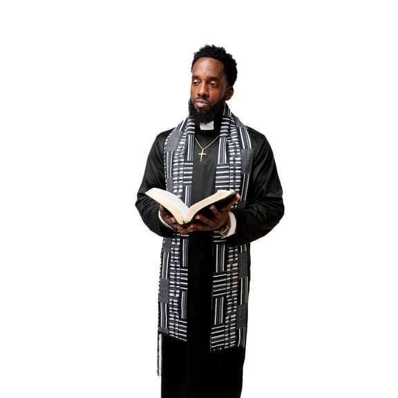 Dupsie's Black and white Kente African Print Church Clergy Pastor Choir Stole / Sash with Fringes