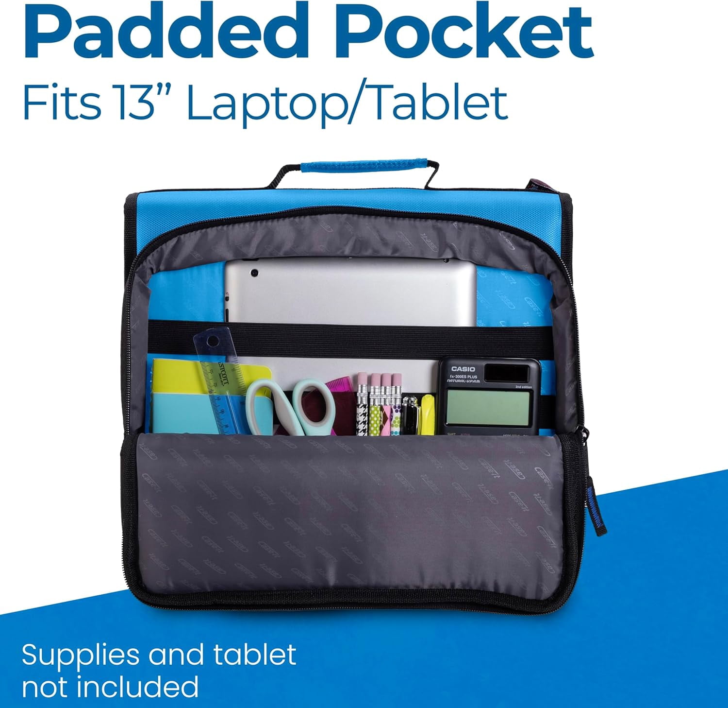 Case-it The Universal Zipper Binder - 2 Inch O-Rings - Padded Pocket That holds up to 13 Inch Laptop/Tablet - Multiple Pockets - 400 Page Capacity - Comes with Shoulder Strap - Denim Blue LT-007
