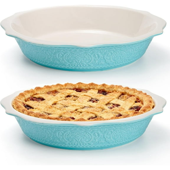 2 Pack Ceramic Pie Pan for Baking, Deep Baking Dish, 9 Inch Non-Stick Fluted Pie Plate with Soft Wave Edge, Round Quiche Dish for Tart, Pizza, Apple Pie, Pot Pies, Cake, Turquoise