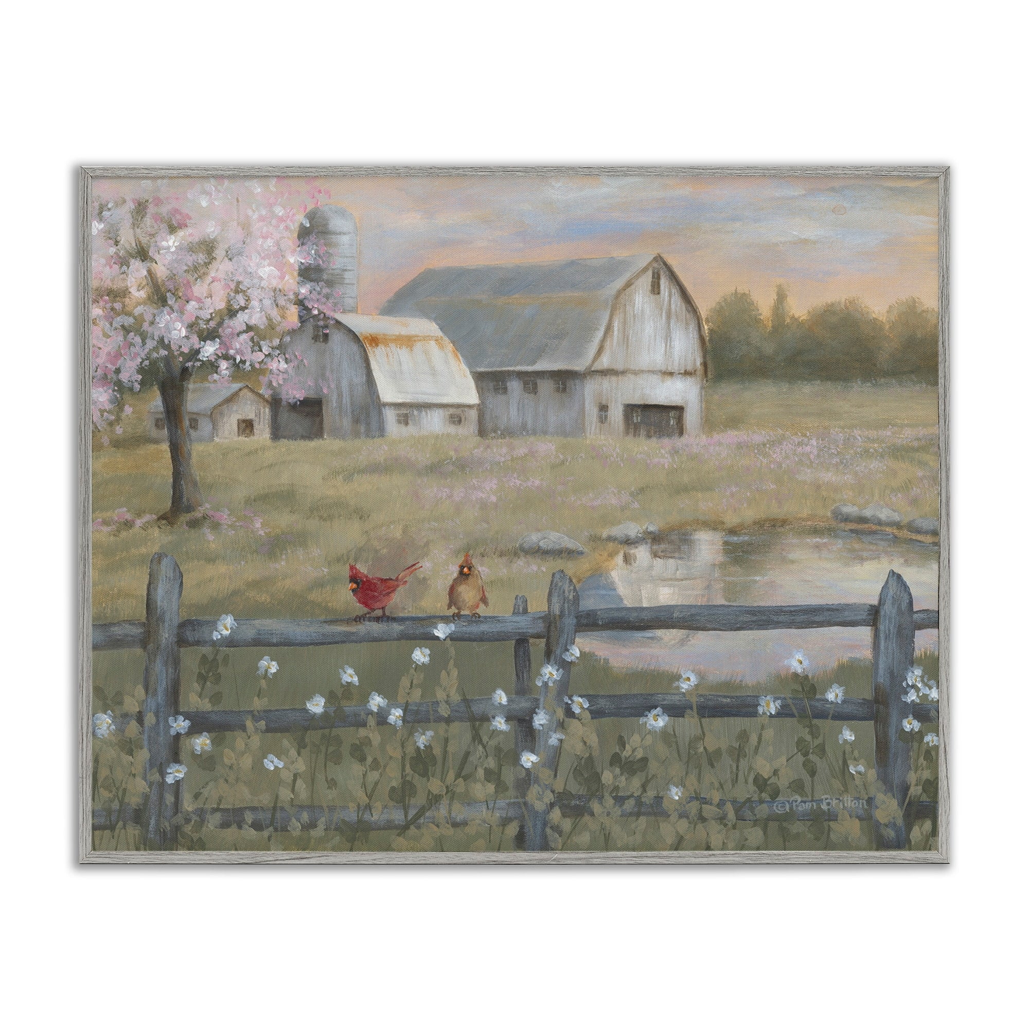 Stupell Industries Blossoming Trees Birds Perched Country Farm Fence Painting Gray Framed Art Print Wall Art, Design by Pam Britton