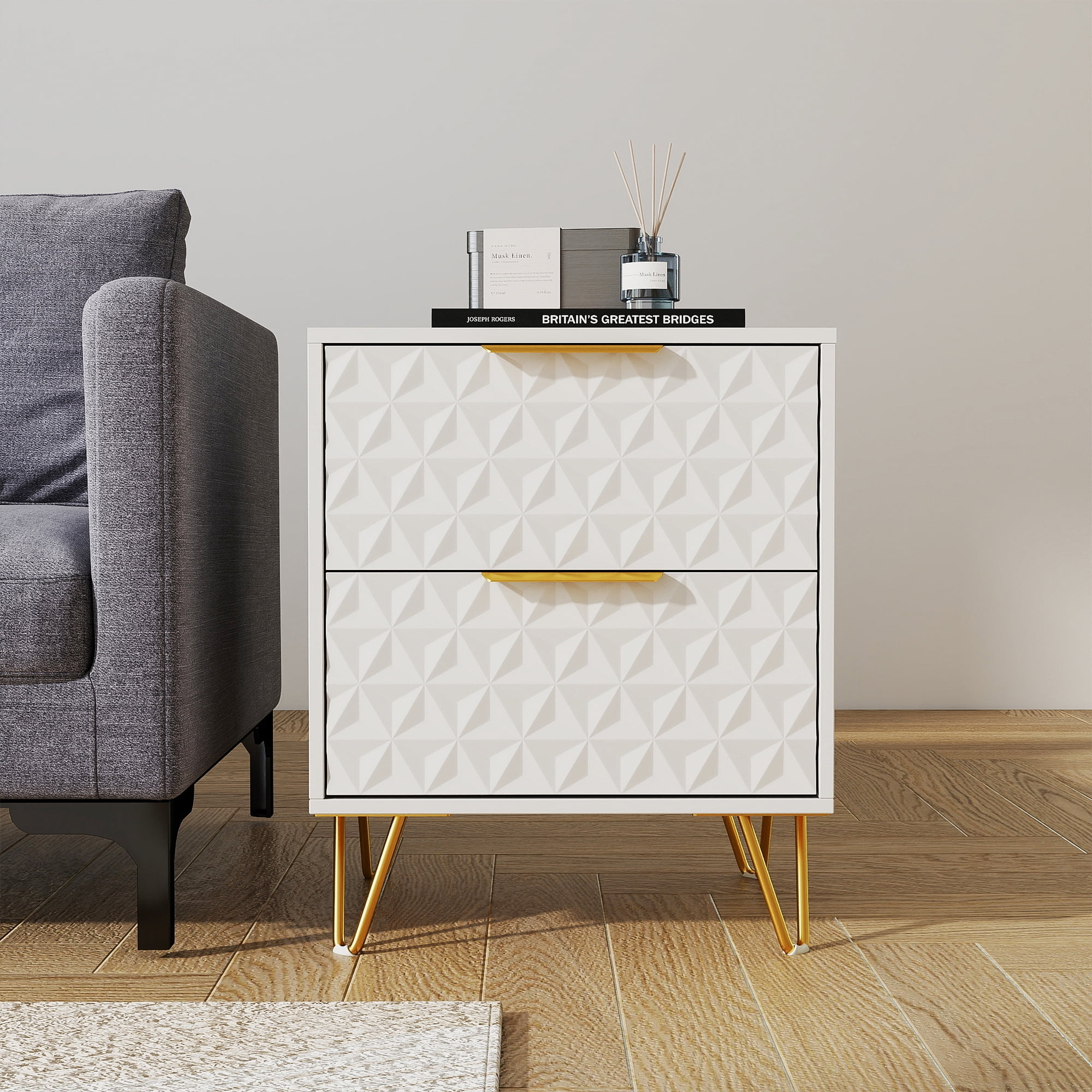 Resenkos 2-Piece Textured Diamond-Pattern Nightstands with Gold Handles & Hairpin Legs, Modern Bedroom Bedside Storage Cabinets, White