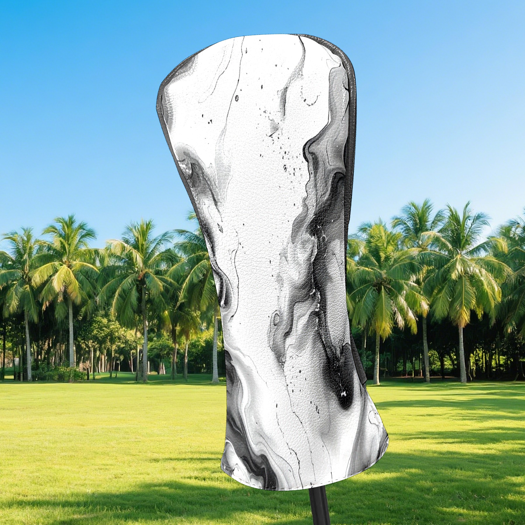 Golf Club Covers, Black White Ink Swirl Premium PU Leather Driver Hybrid Putter Head Covers with Velvet Lining, Waterproof Golf Gifts for Men Women