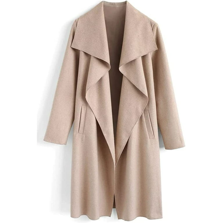 PIKADINGNIS Women's Wool Blend Shawl Collar Cascade Front Belted Wrap  Trench Coat