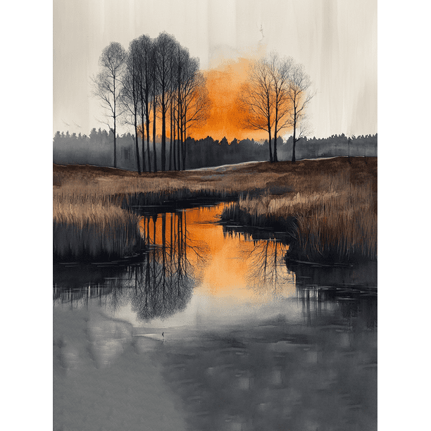 Qisvanset Framed Canvas Wall Art 12x16 Inch Vertical Tree Lake Sketch Farmhouse Wall Decor