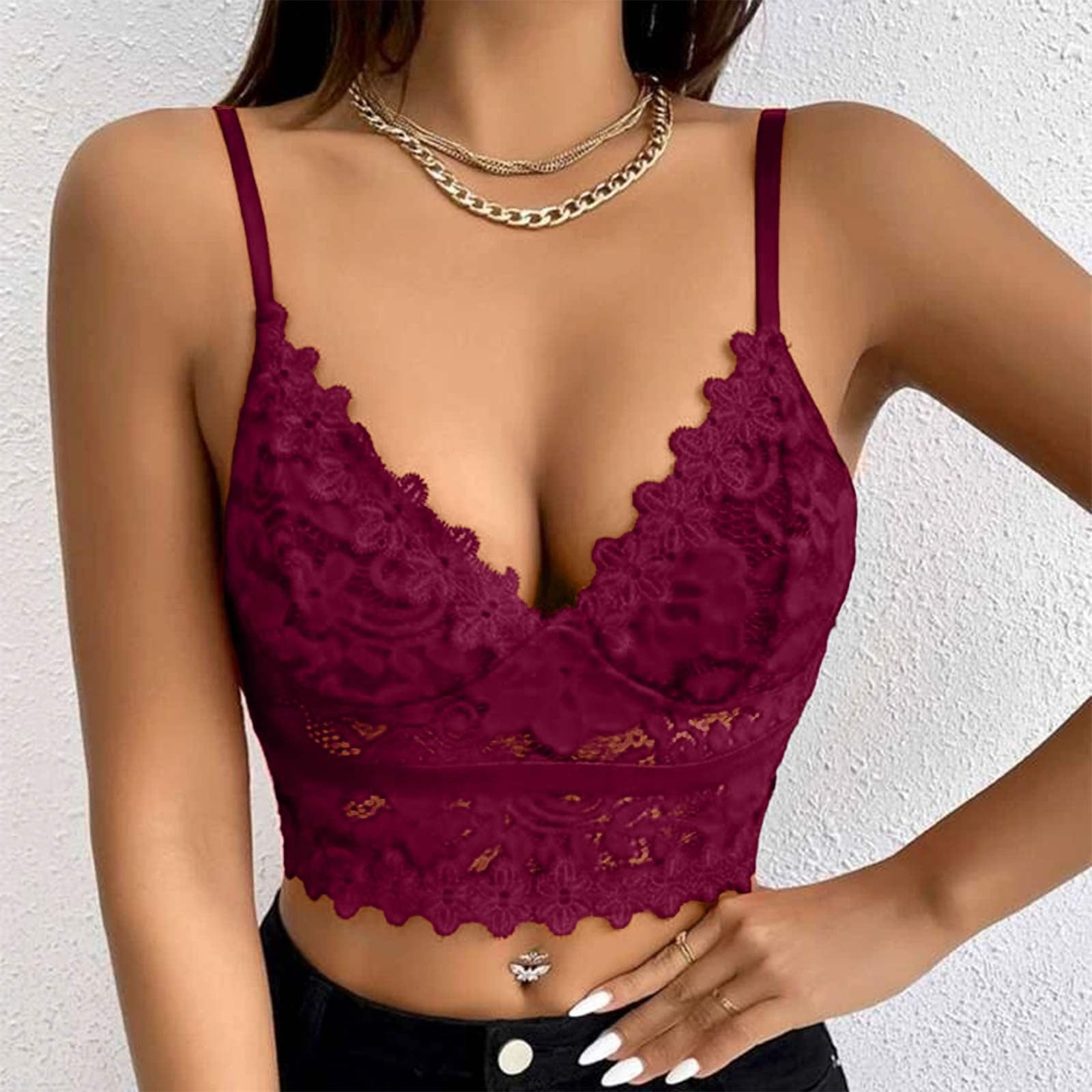 Ladies Erotic Lingerie Deep V Solid Color Lace Bra With Chest Pad -