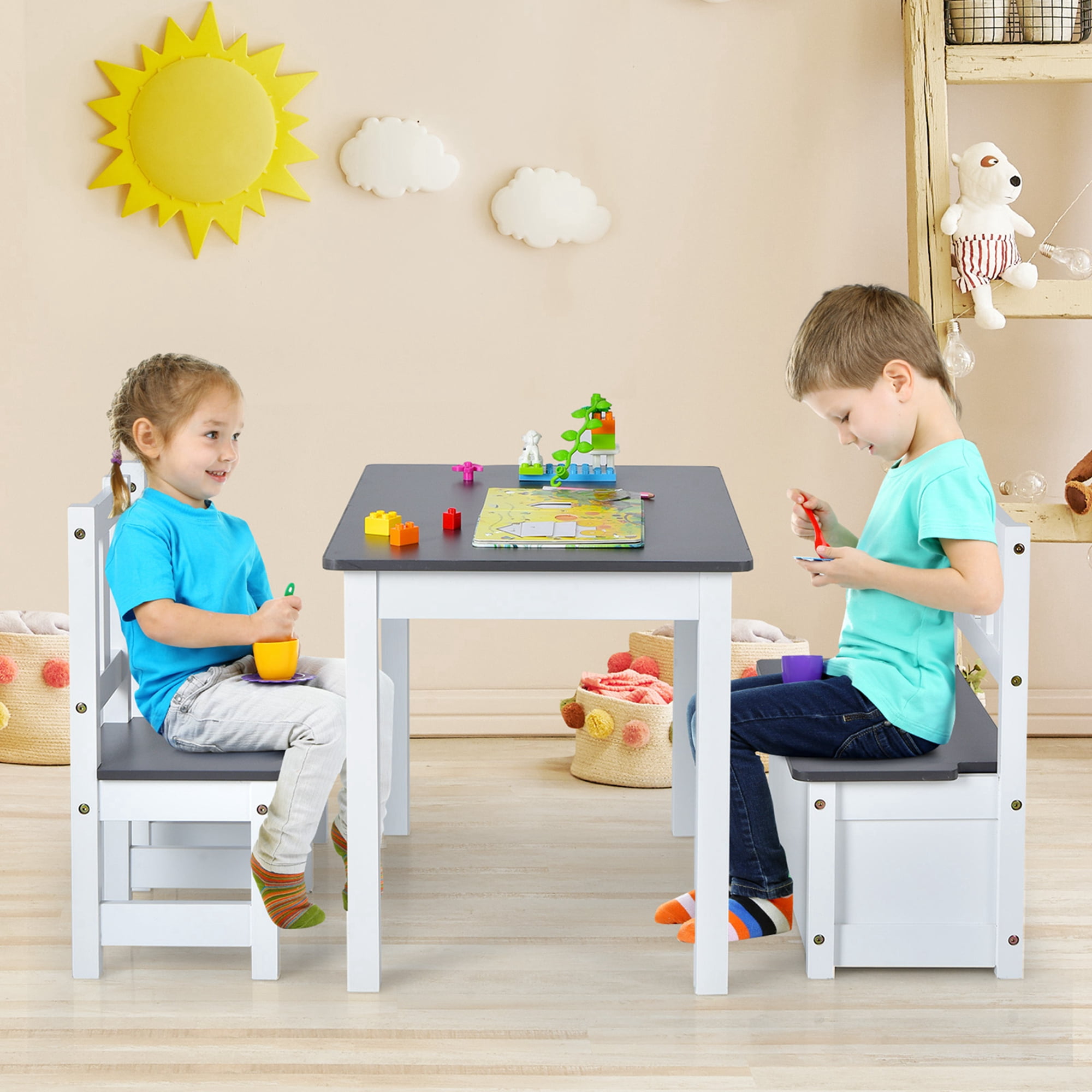 Costway 4 PCS Kids Wooden Activity Table & Chairs Set with Storage Bench Study Desk Grey